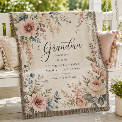 Personalized Watercolor Floral Grandma Woven Blanket – Family Names