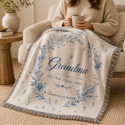 Personalized Blue Botanical Grandma Woven Blanket – Grandkids’ Names