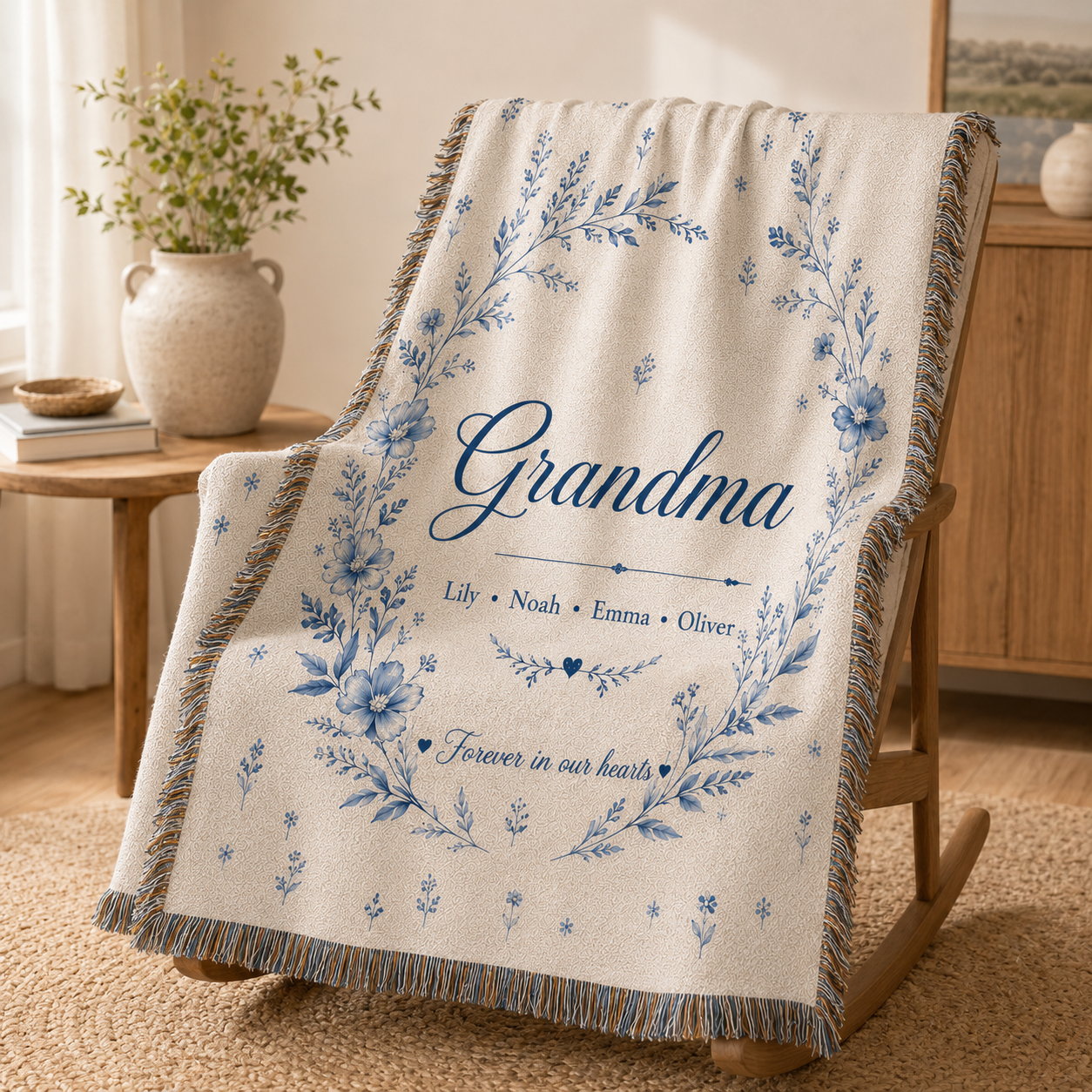 Personalized Blue Botanical Grandma Woven Blanket – Grandkids’ Names