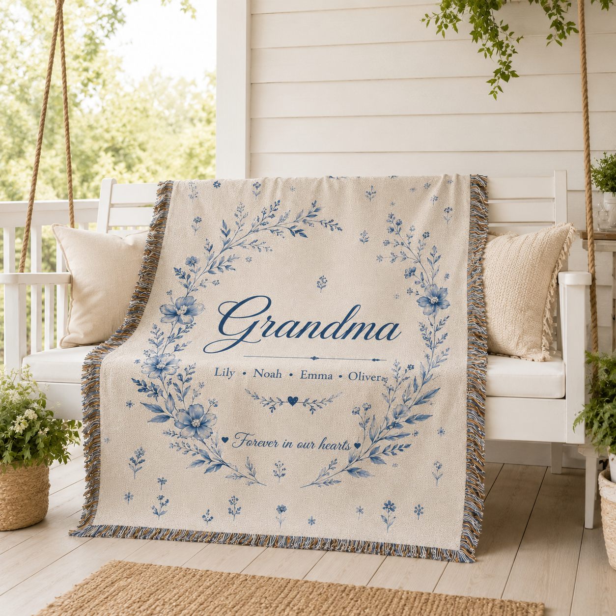 Personalized Blue Botanical Grandma Woven Blanket – Grandkids’ Names