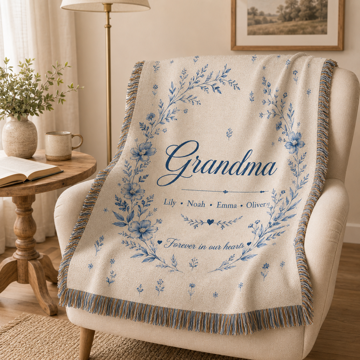 Personalized Blue Botanical Grandma Woven Blanket – Grandkids’ Names