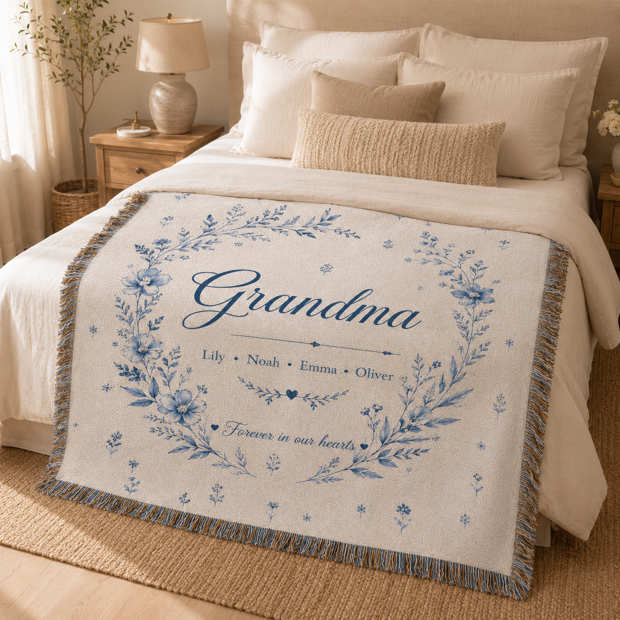 Personalized Blue Botanical Grandma Woven Blanket – Grandkids’ Names