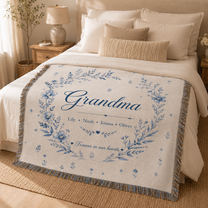 Personalized Blue Botanical Grandma Woven Blanket – Grandkids’ Names