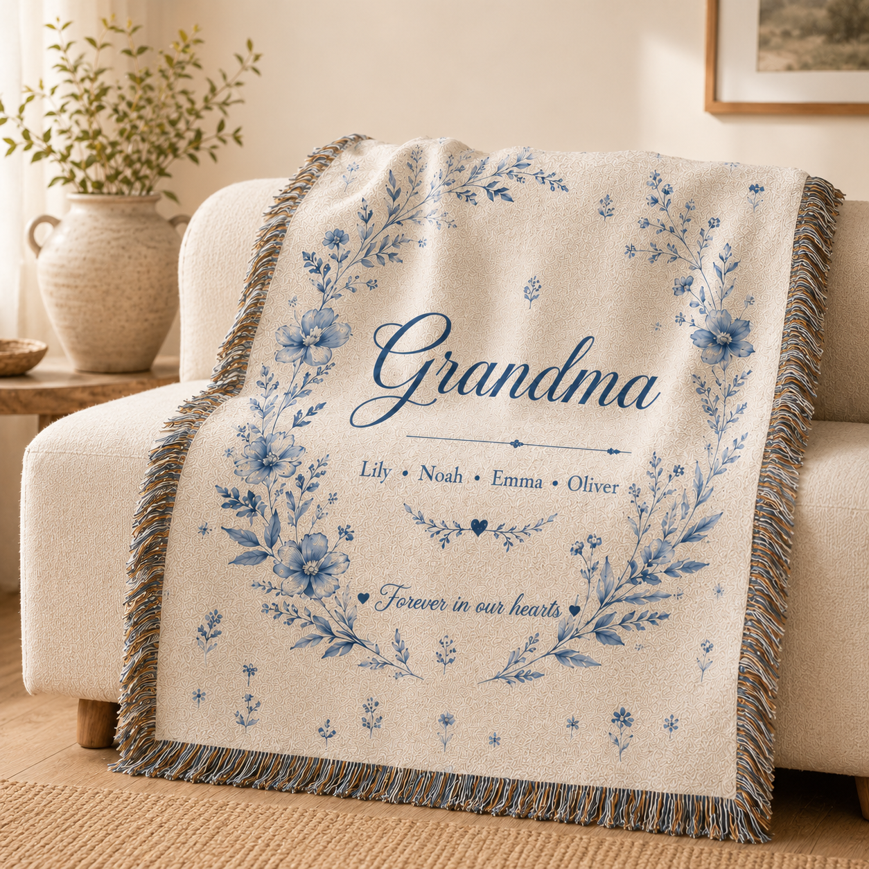 Personalized Blue Botanical Grandma Woven Blanket – Grandkids’ Names
