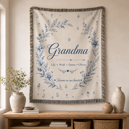 Personalized Blue Botanical Grandma Woven Blanket – Grandkids’ Names