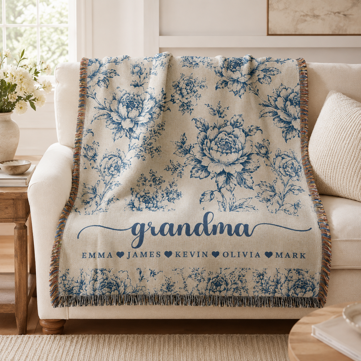 Personalized Grandma Floral Woven Blanket – 5 Colors & Grandkids’ Names