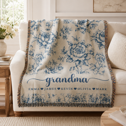 Personalized Grandma Floral Woven Blanket – 5 Colors & Grandkids’ Names