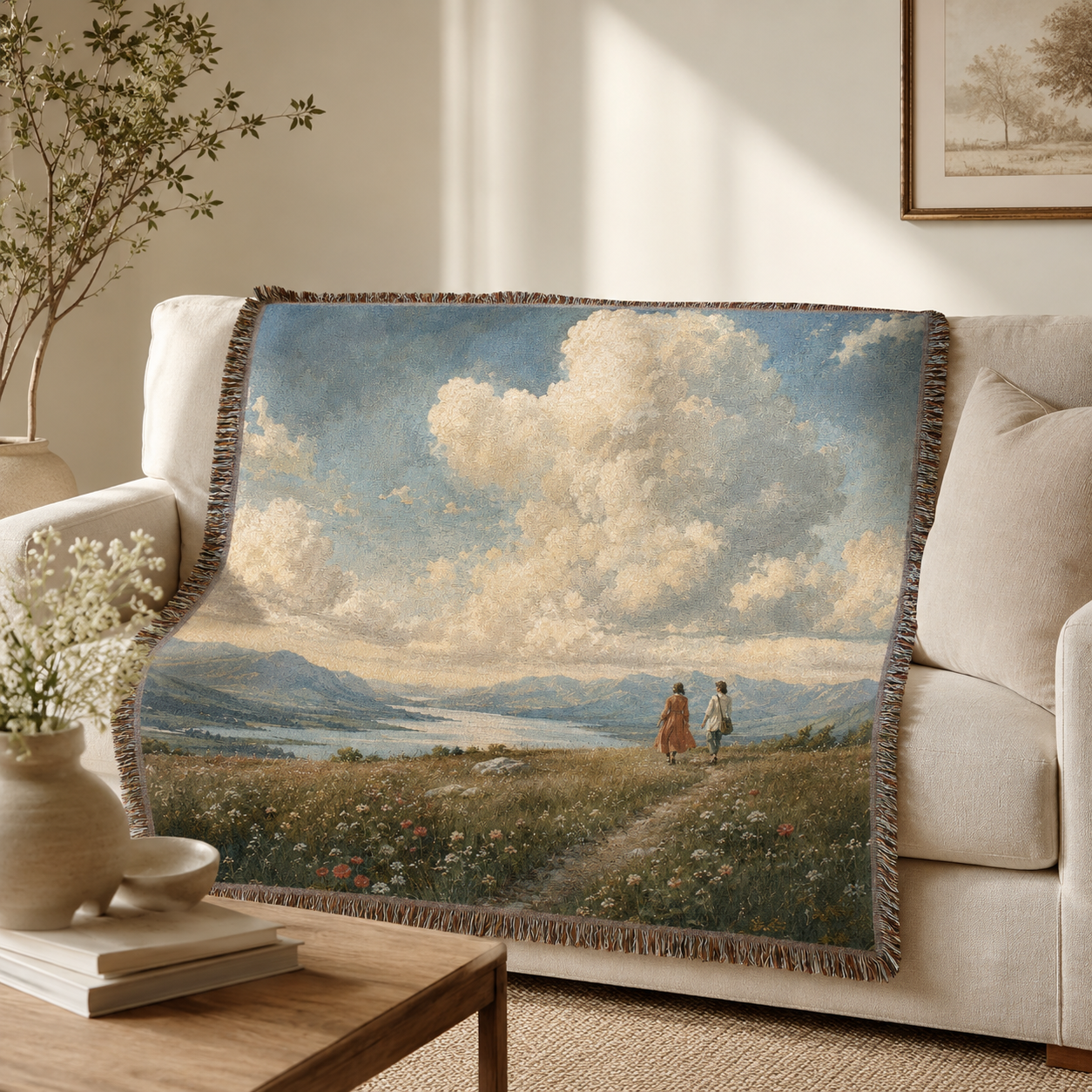 Cloud Meadow Woven Blanket – Scenic Landscape Tapestry Throw