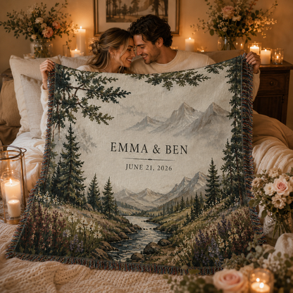 Personalized Mountain Wedding Woven Blanket - Custom Couple Names Anniversary Throw