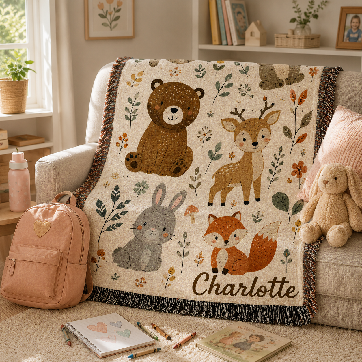 Personalized Woodland Animal Woven Blanket for Kids – Custom Name Nursery Throw Gift
