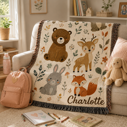 Personalized Woodland Animal Woven Blanket for Kids – Custom Name Nursery Throw Gift
