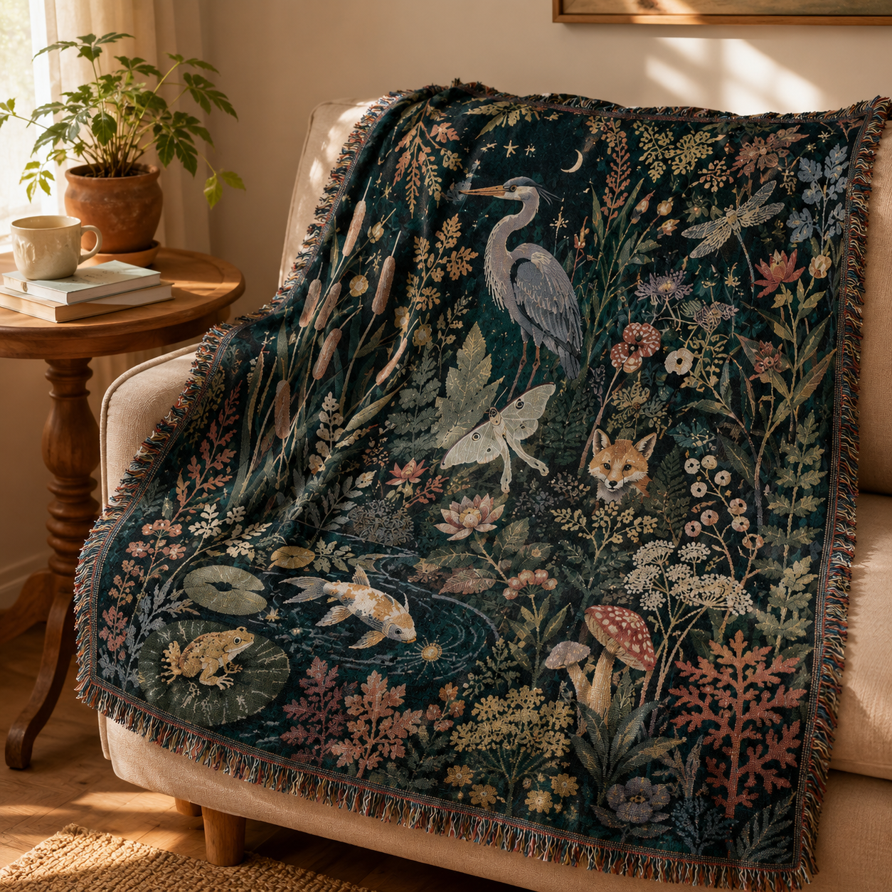 Moonlit Wetland Garden Woven Blanket - Enchanted Nature Tapestry Throw