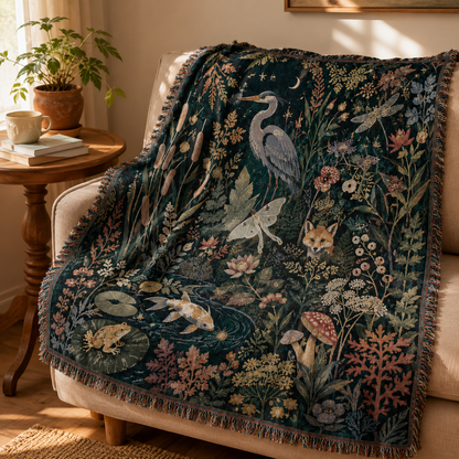 Moonlit Wetland Garden Woven Blanket - Enchanted Nature Tapestry Throw