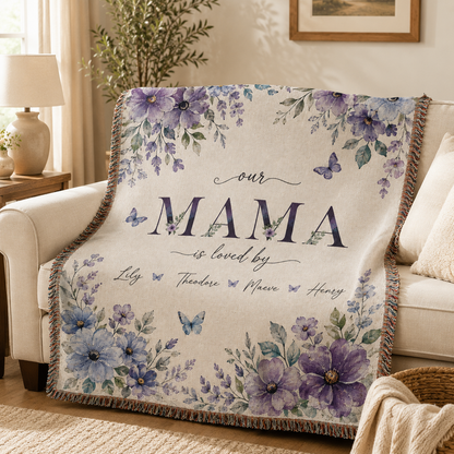 Personalized Mama Floral Woven Blanket – Kids’ Names