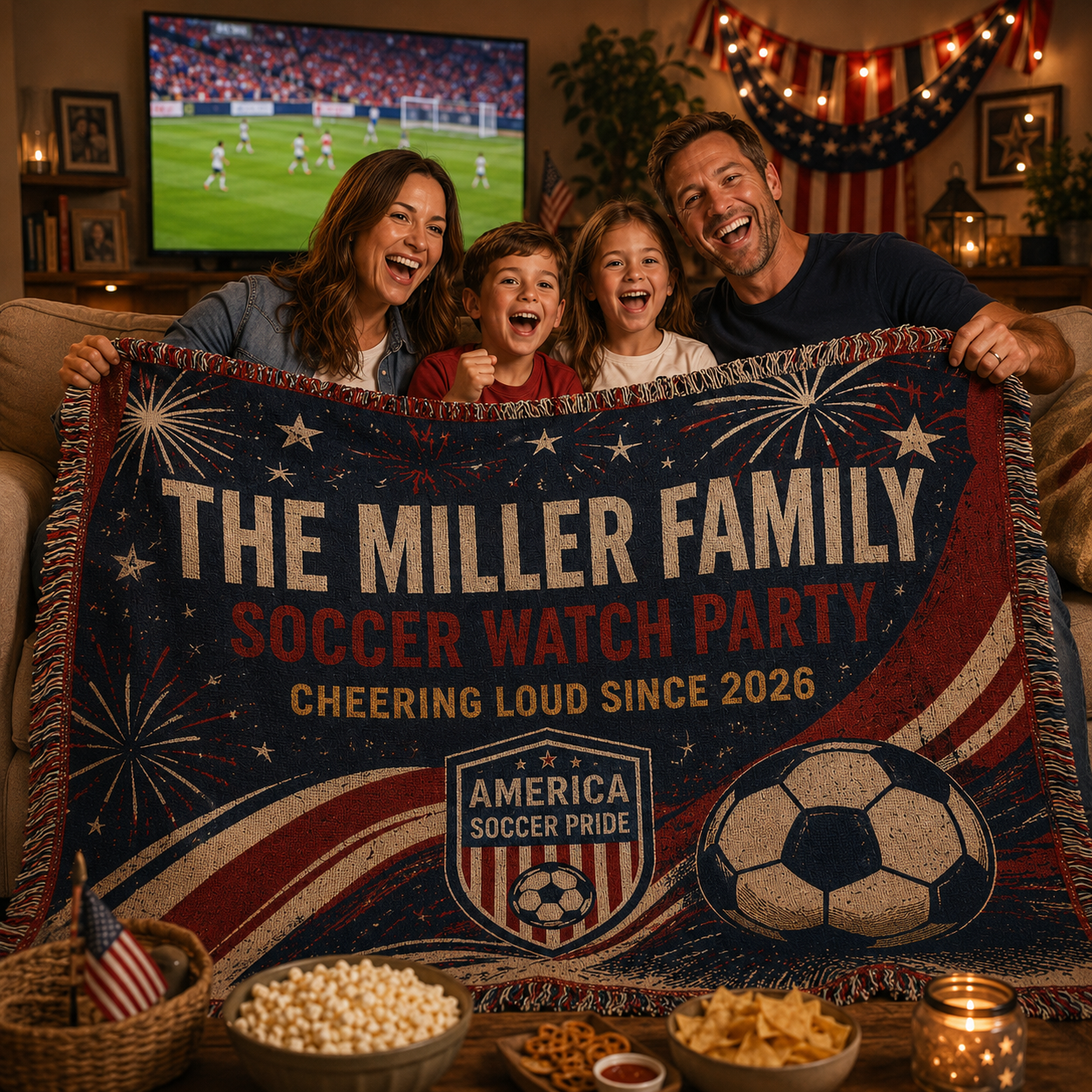 Personalized USA Soccer Victory Woven Blanket, Custom Family Name America Soccer