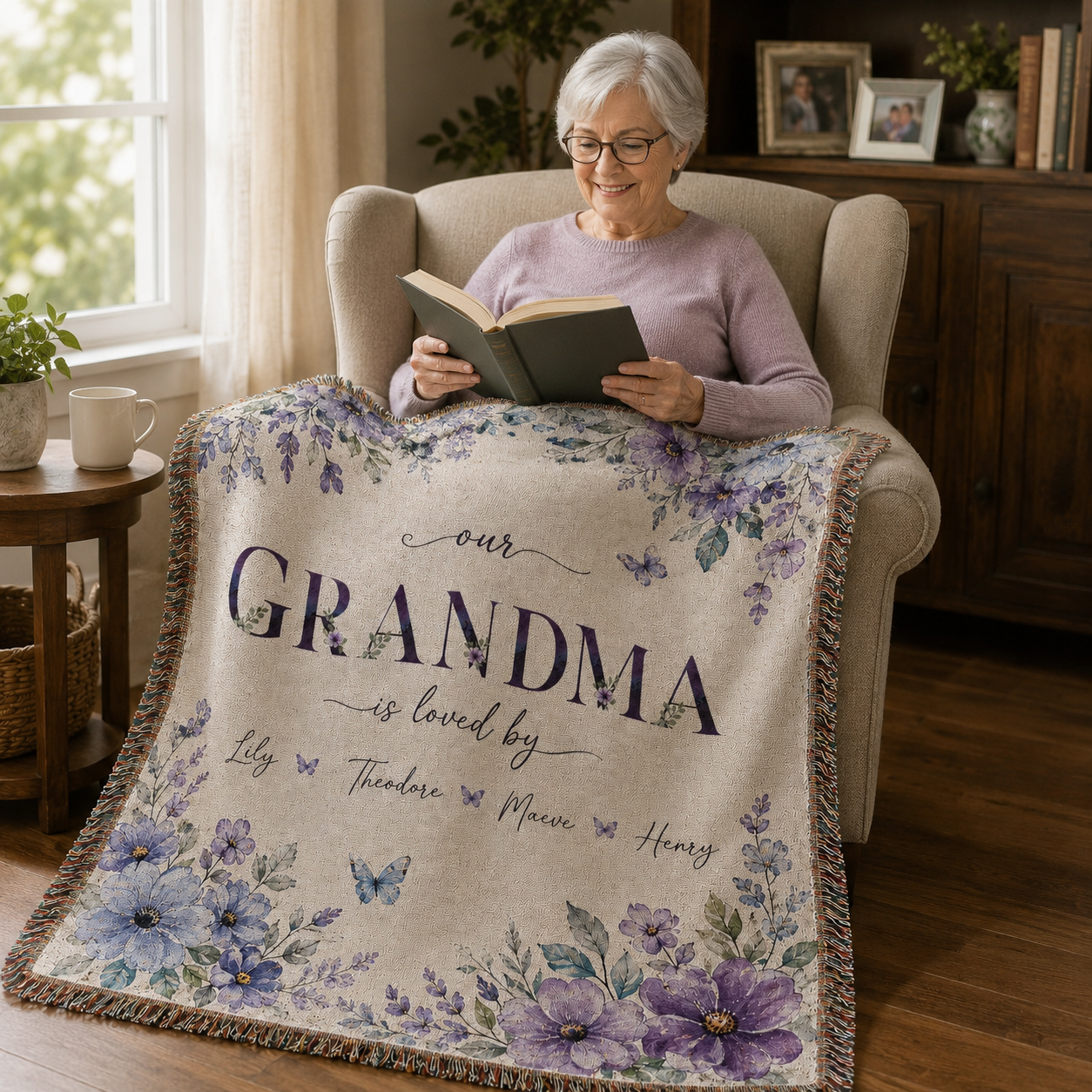 Personalized Mama Floral Woven Blanket – Kids’ Names