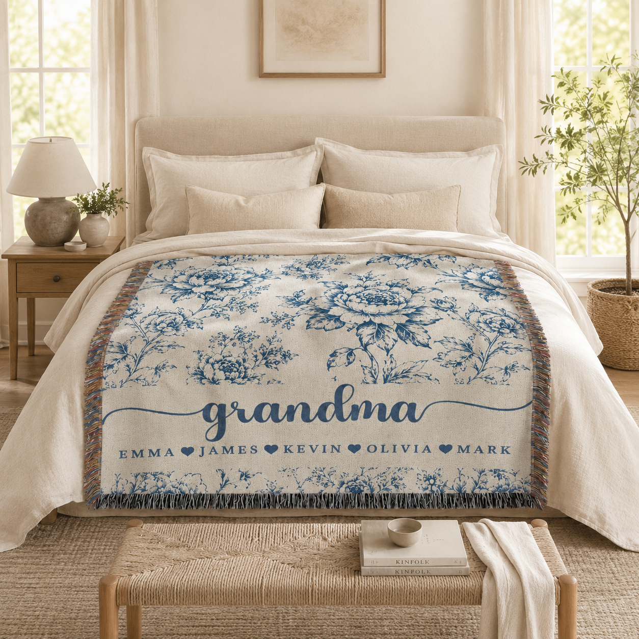 Personalized Grandma Floral Woven Blanket – 5 Colors & Grandkids’ Names