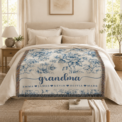Personalized Grandma Floral Woven Blanket – 5 Colors & Grandkids’ Names