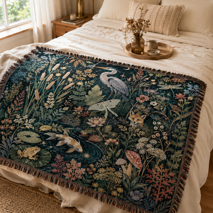 Moonlit Wetland Garden Woven Blanket - Enchanted Nature Tapestry Throw