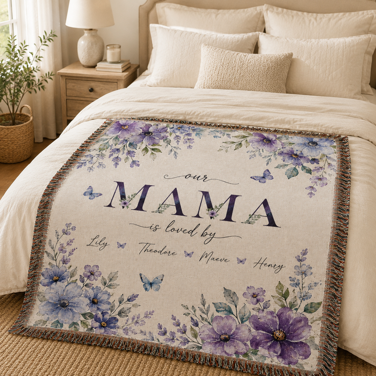 Personalized Mama Floral Woven Blanket – Kids’ Names