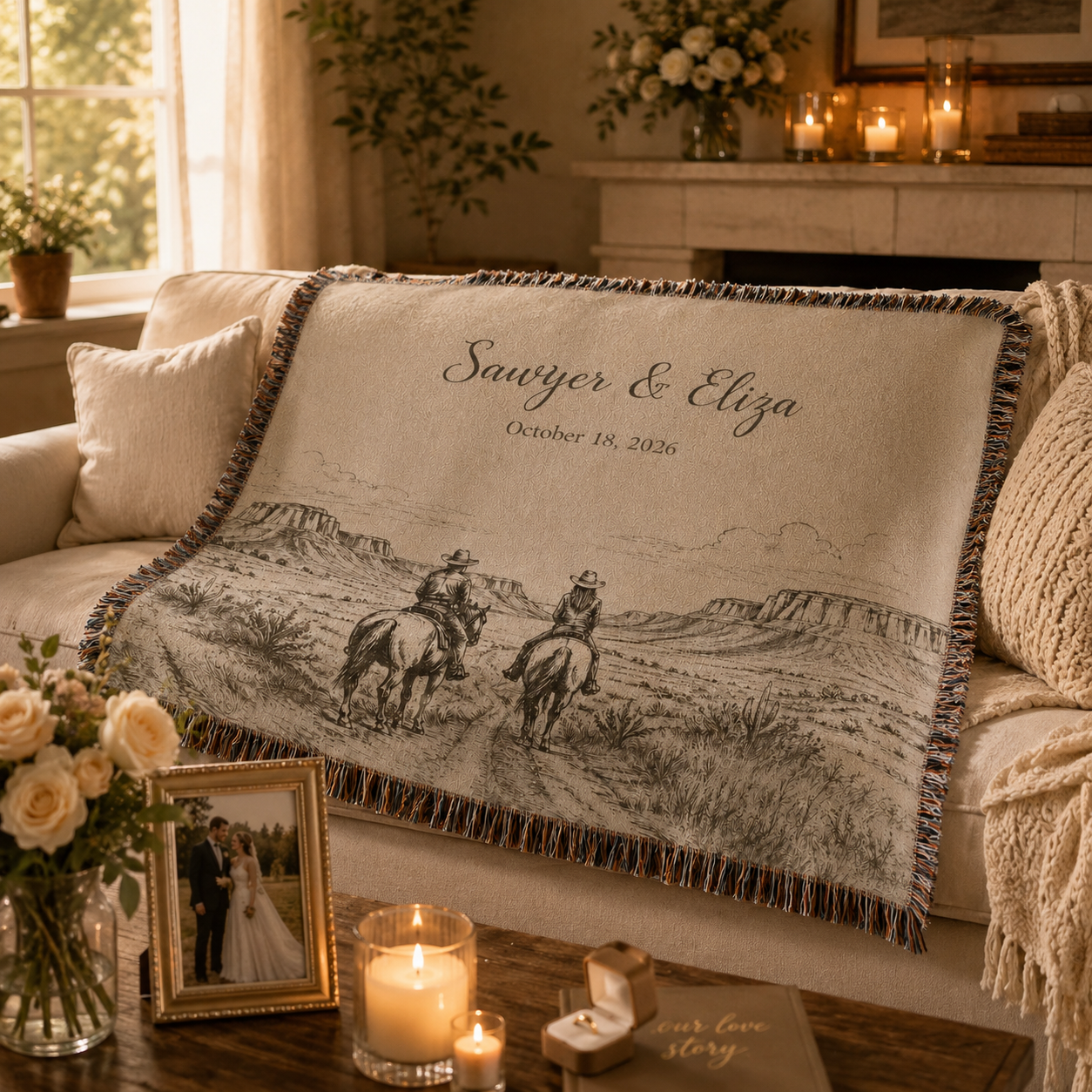 Personalized Western Couple Woven Blanket – Custom Names Anniversary Gift