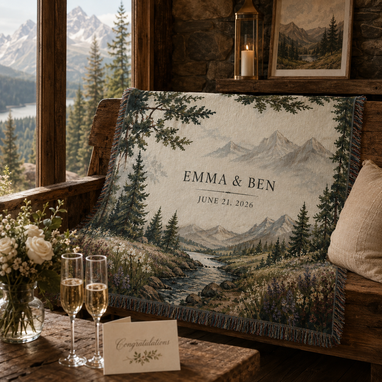 Personalized Mountain Wedding Woven Blanket - Custom Couple Names Anniversary Throw