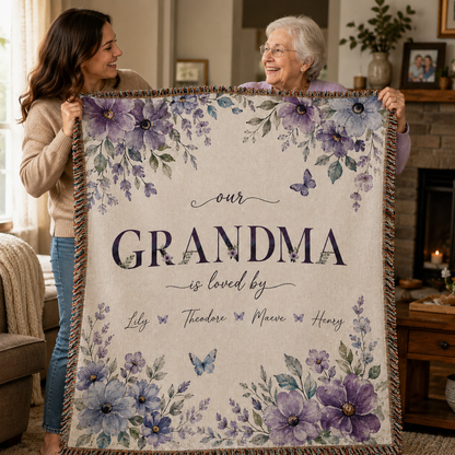 Personalized Mama Floral Woven Blanket – Kids’ Names