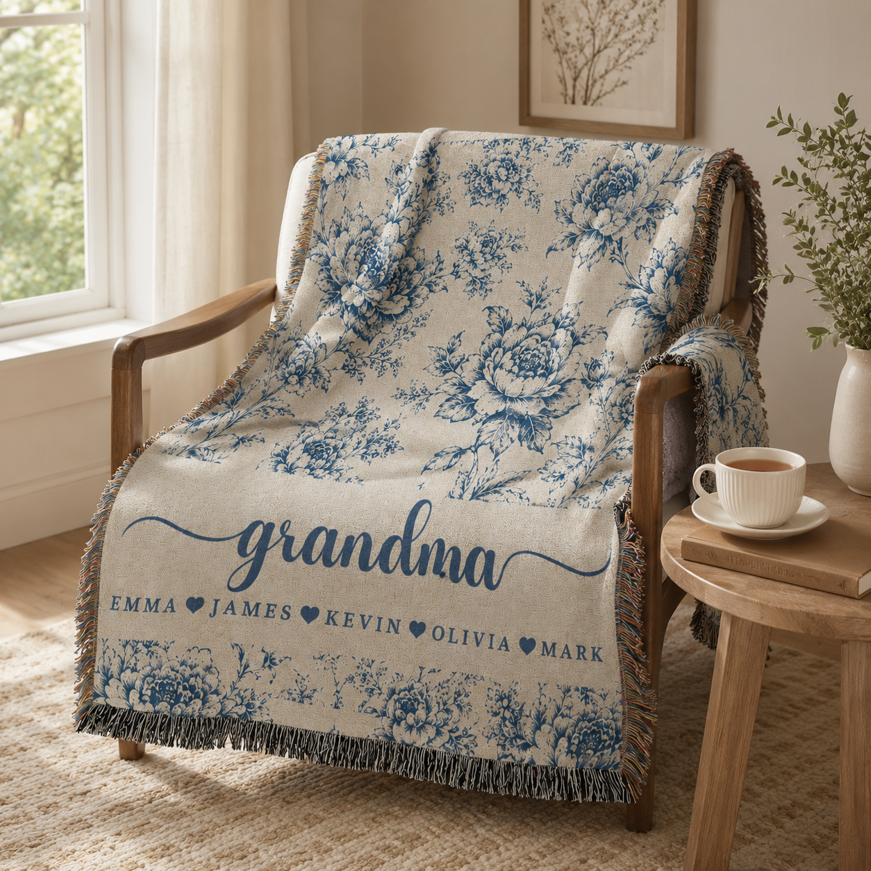 Personalized Grandma Floral Woven Blanket – 5 Colors & Grandkids’ Names