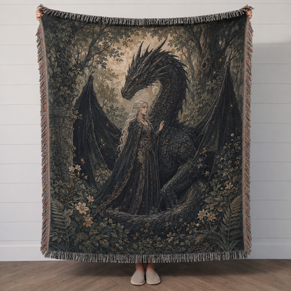 Obsidian Dragon Guardian Woven Blanket – Dark Fantasy Tapestry Throw