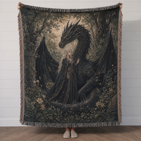 Obsidian Dragon Guardian Woven Blanket – Dark Fantasy Tapestry Throw