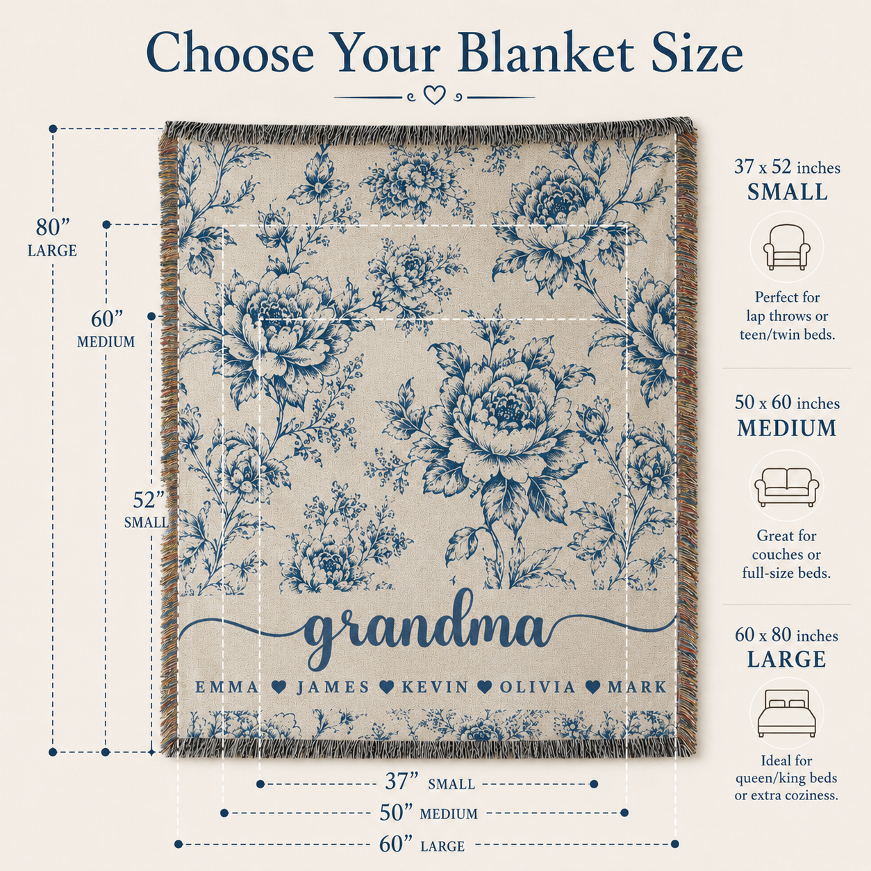 Personalized Grandma Floral Woven Blanket – 5 Colors & Grandkids’ Names