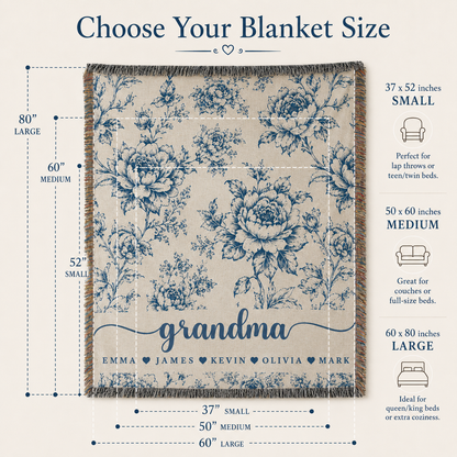 Personalized Grandma Floral Woven Blanket – 5 Colors & Grandkids’ Names