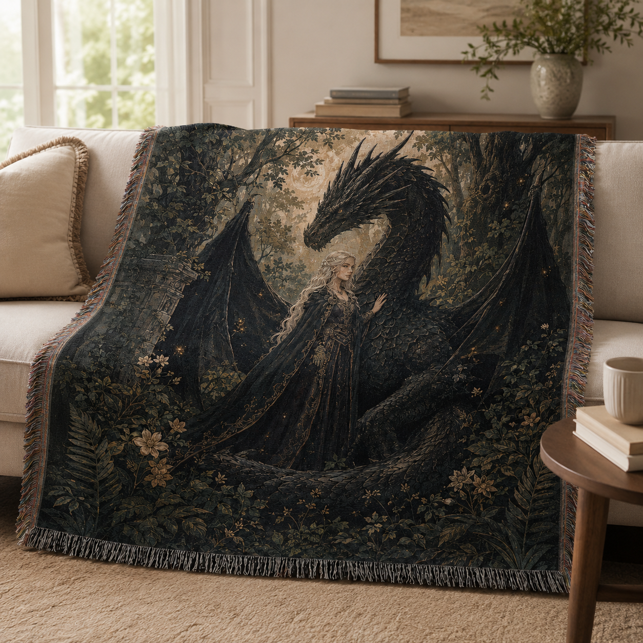 Obsidian Dragon Guardian Woven Blanket – Dark Fantasy Tapestry Throw