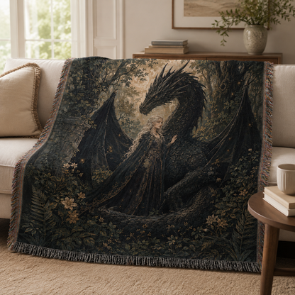 Obsidian Dragon Guardian Woven Blanket – Dark Fantasy Tapestry Throw