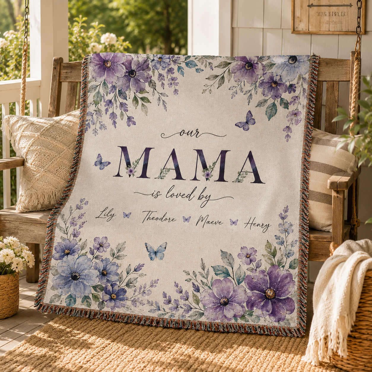 Personalized Mama Floral Woven Blanket – Kids’ Names