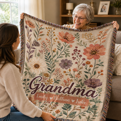 Personalized Grandma Wildflower Woven Blanket – Custom Grandkids Names Gift