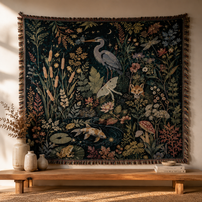 Moonlit Wetland Garden Woven Blanket - Enchanted Nature Tapestry Throw
