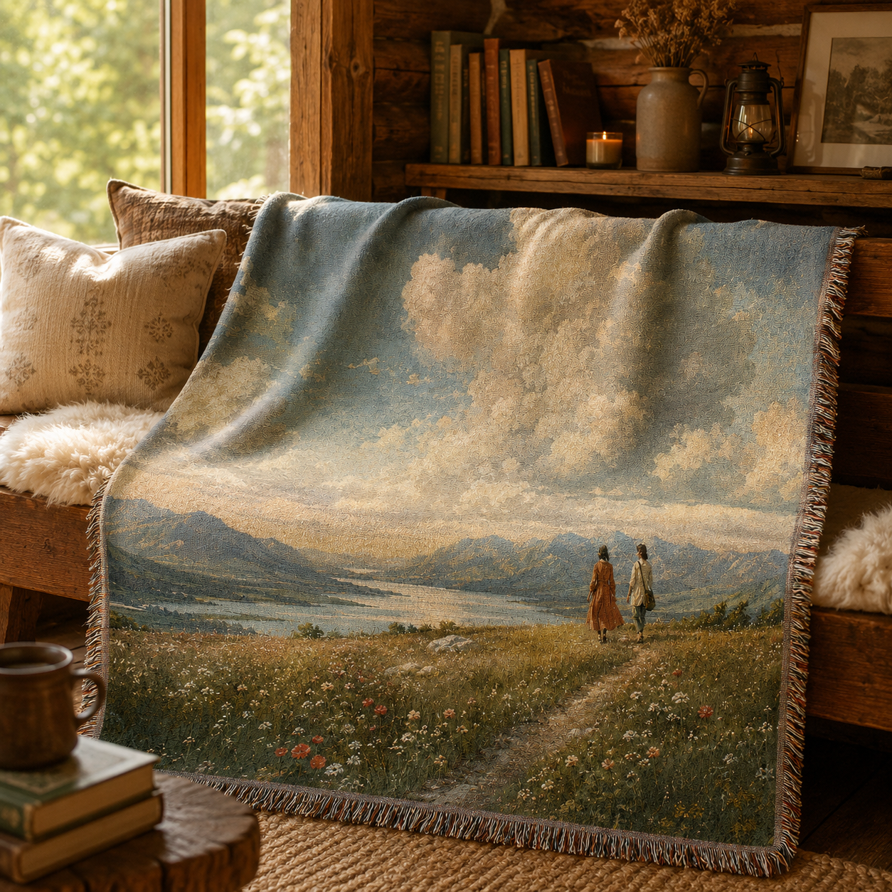 Cloud Meadow Woven Blanket – Scenic Landscape Tapestry Throw
