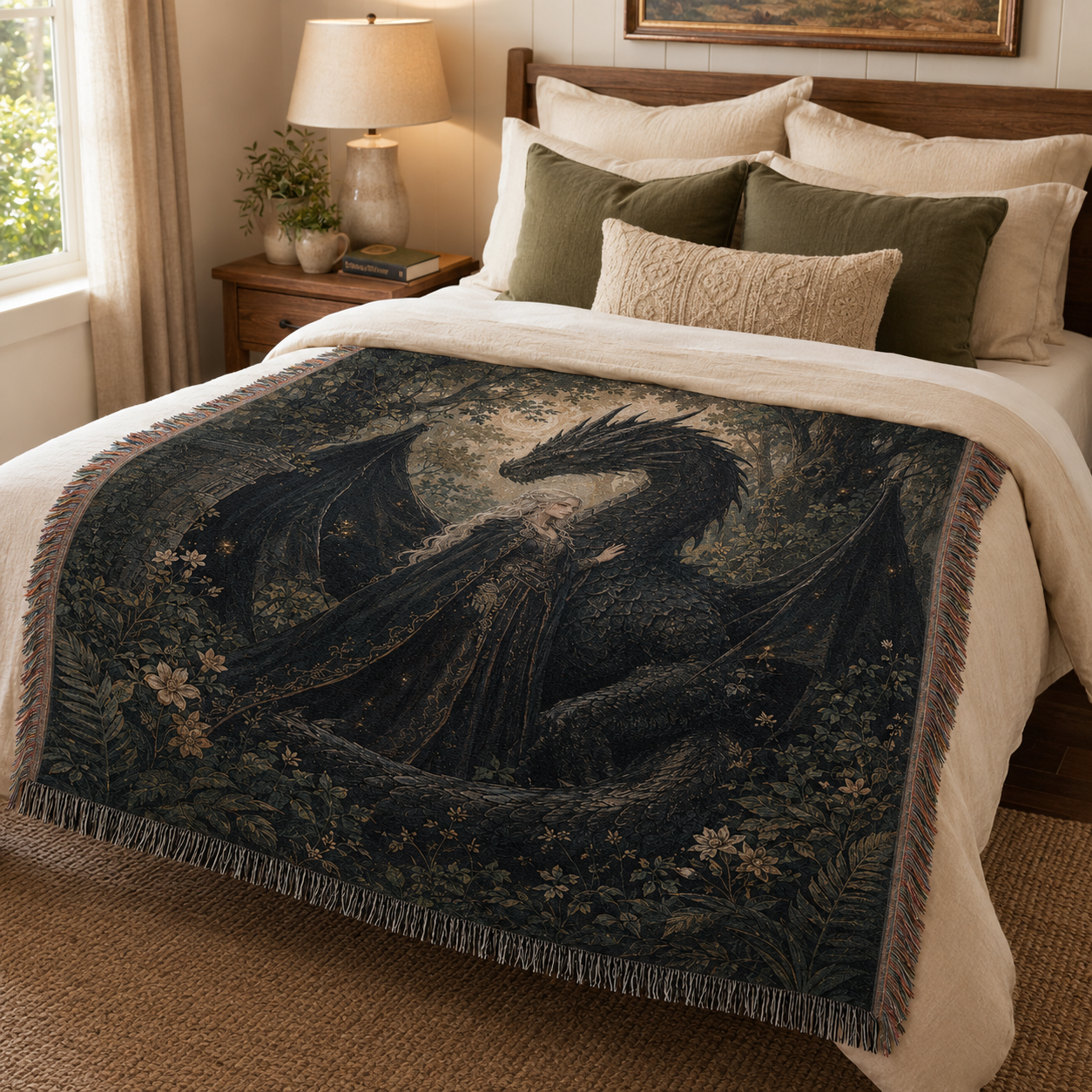 Obsidian Dragon Guardian Woven Blanket – Dark Fantasy Tapestry Throw