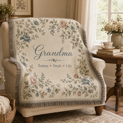 Personalized Vintage Botanical Grandma Woven Blanket – Grandkids’ Names