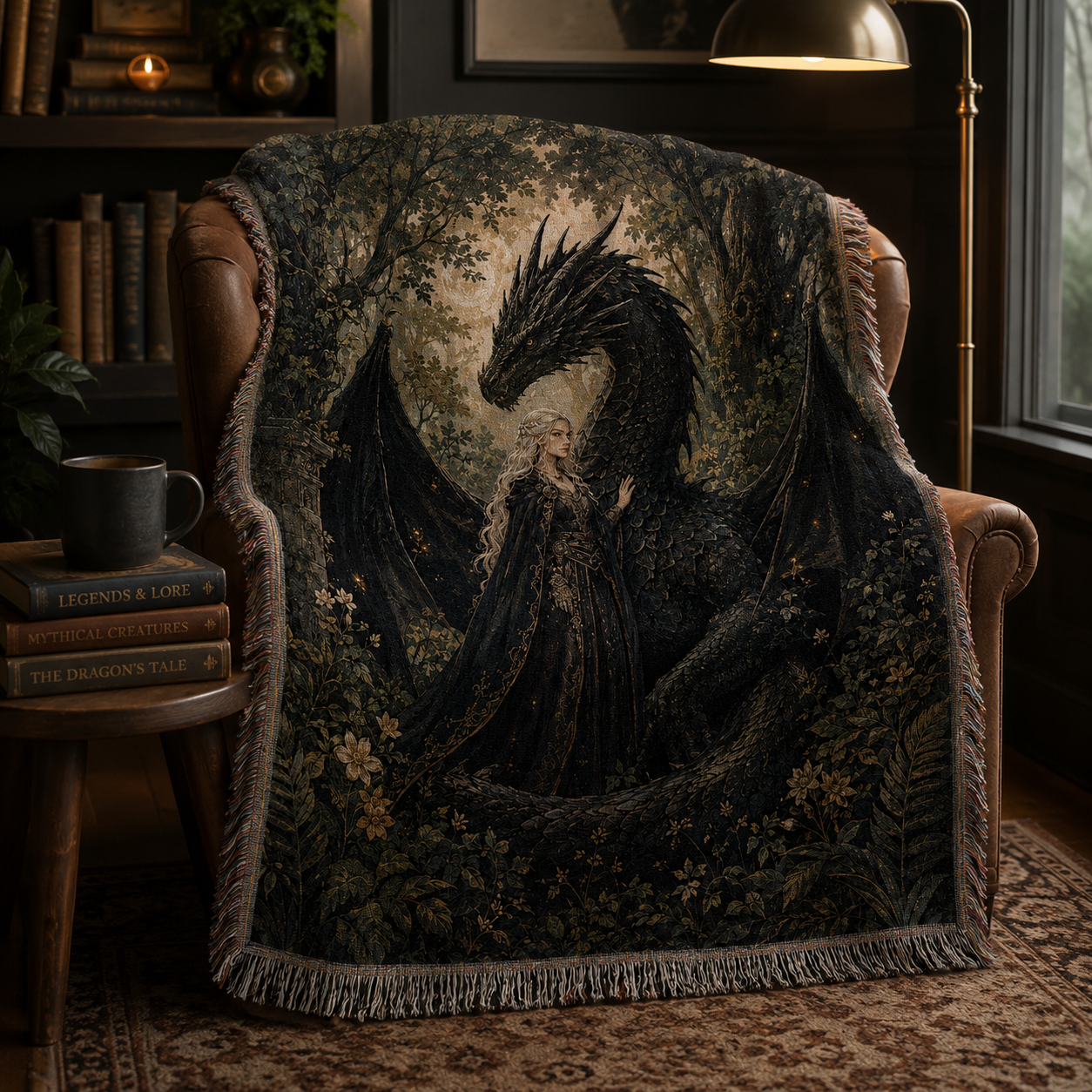 Obsidian Dragon Guardian Woven Blanket – Dark Fantasy Tapestry Throw