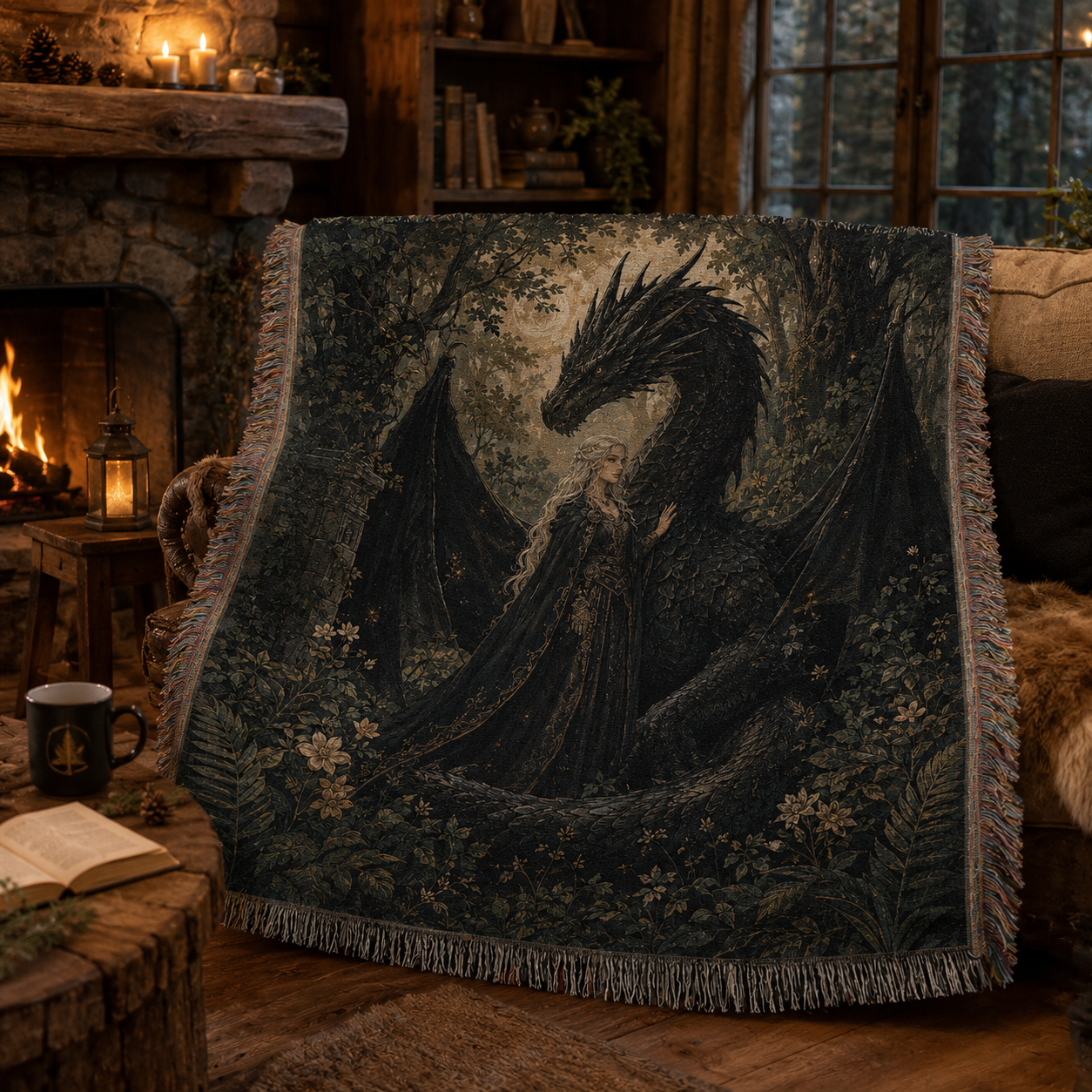 Obsidian Dragon Guardian Woven Blanket – Dark Fantasy Tapestry Throw