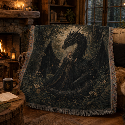 Obsidian Dragon Guardian Woven Blanket – Dark Fantasy Tapestry Throw