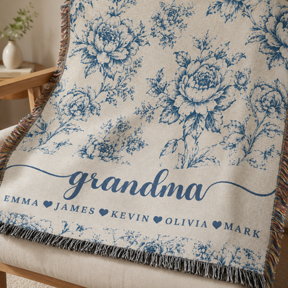 Personalized Grandma Floral Woven Blanket – 5 Colors & Grandkids’ Names