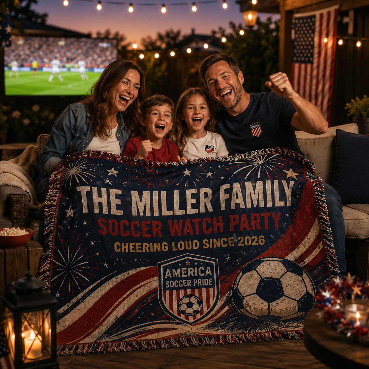 Personalized USA Soccer Victory Woven Blanket, Custom Family Name America Soccer