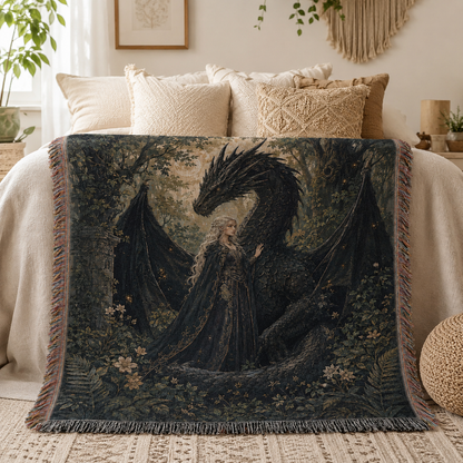 Obsidian Dragon Guardian Woven Blanket – Dark Fantasy Tapestry Throw