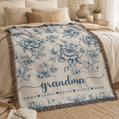 Personalized Grandma Floral Woven Blanket – 5 Colors & Grandkids’ Names