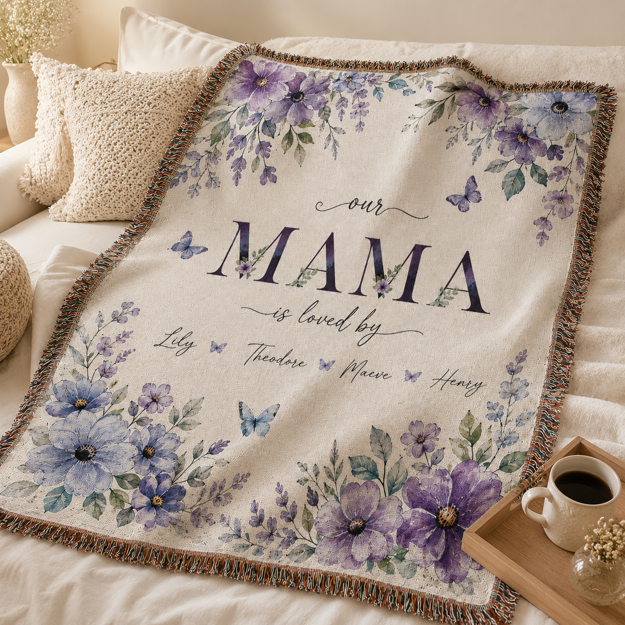 Personalized Mama Floral Woven Blanket – Kids’ Names