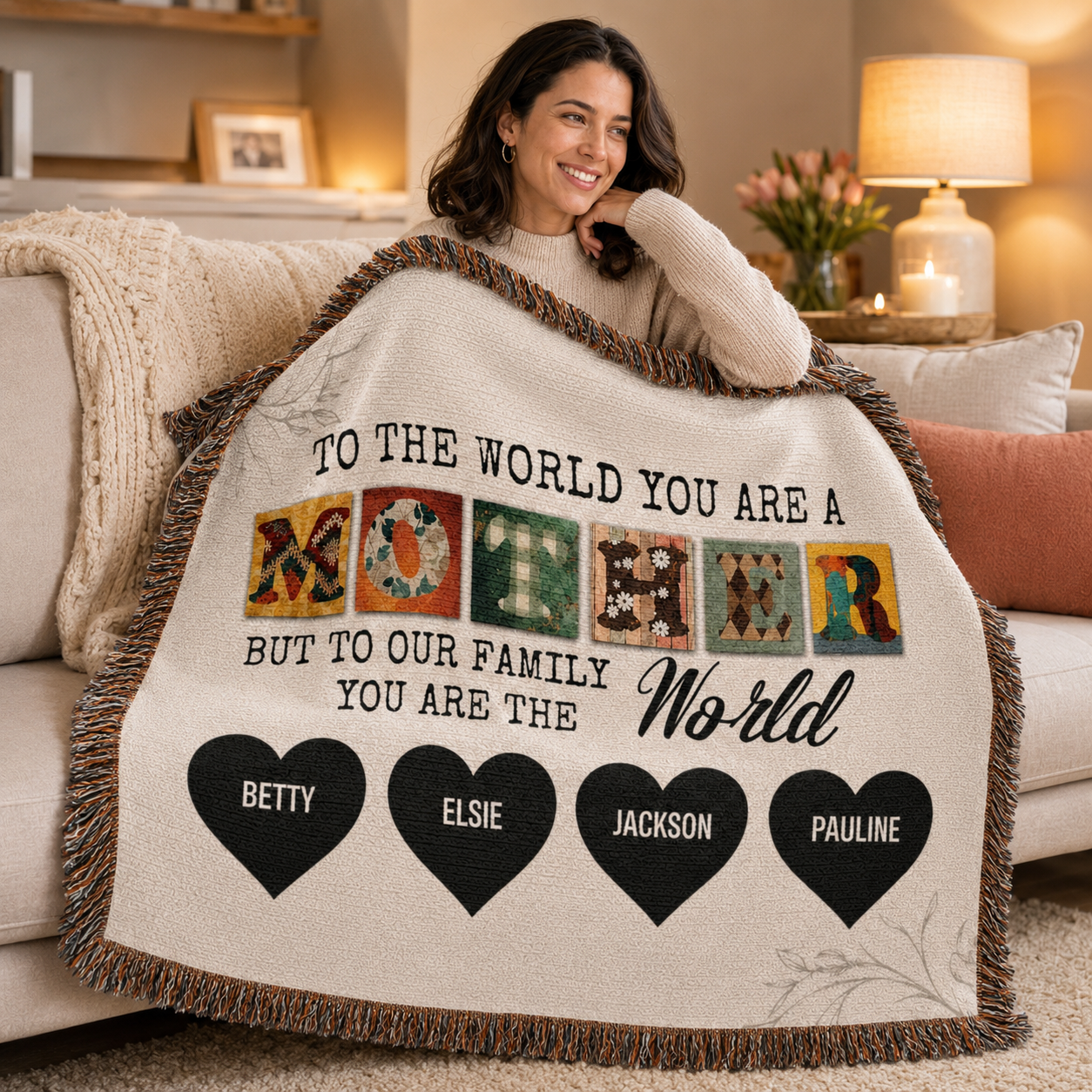 Personalized Woven Blanket for Mom with Kids Names – Custom Mother’s Day Family Throw Blanket