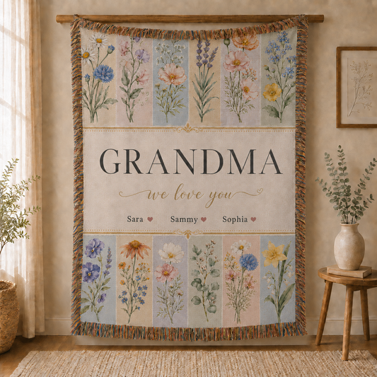 Personalized Mom Birth Flower Woven Blanket – Kids’ Names